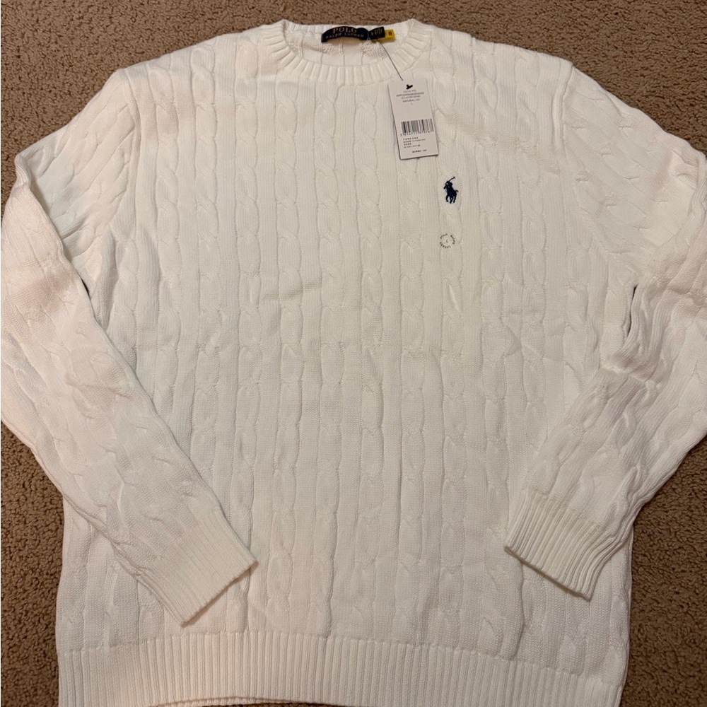 Ralph Lauren Men's White Cable Knit Crewneck Sweater